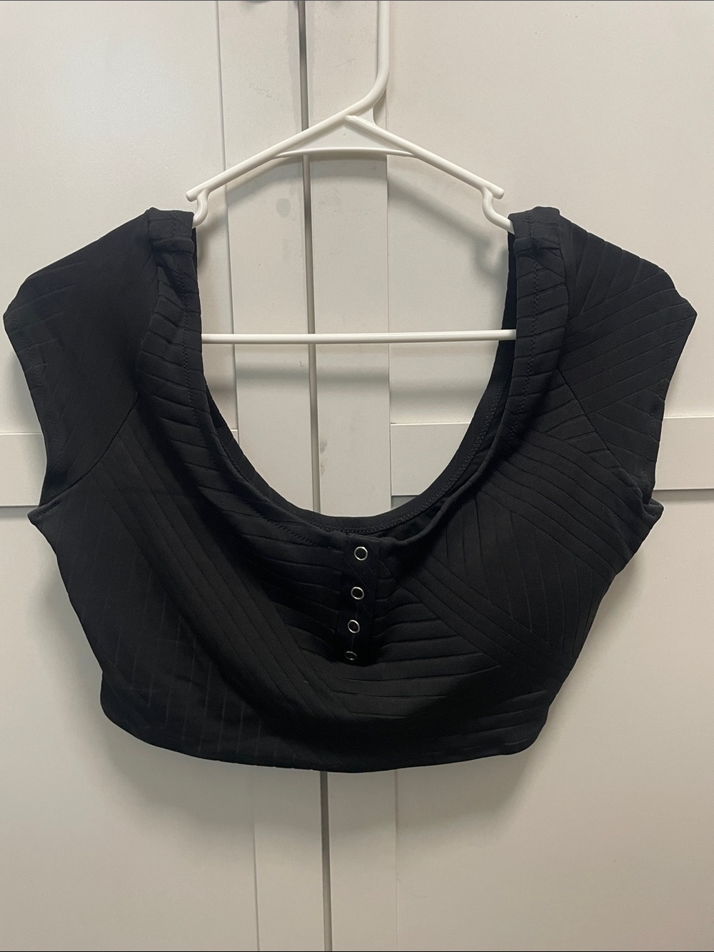 Aerie Black Ribbed Scoop Neck Crop Top Swim Top with Front Button Detail